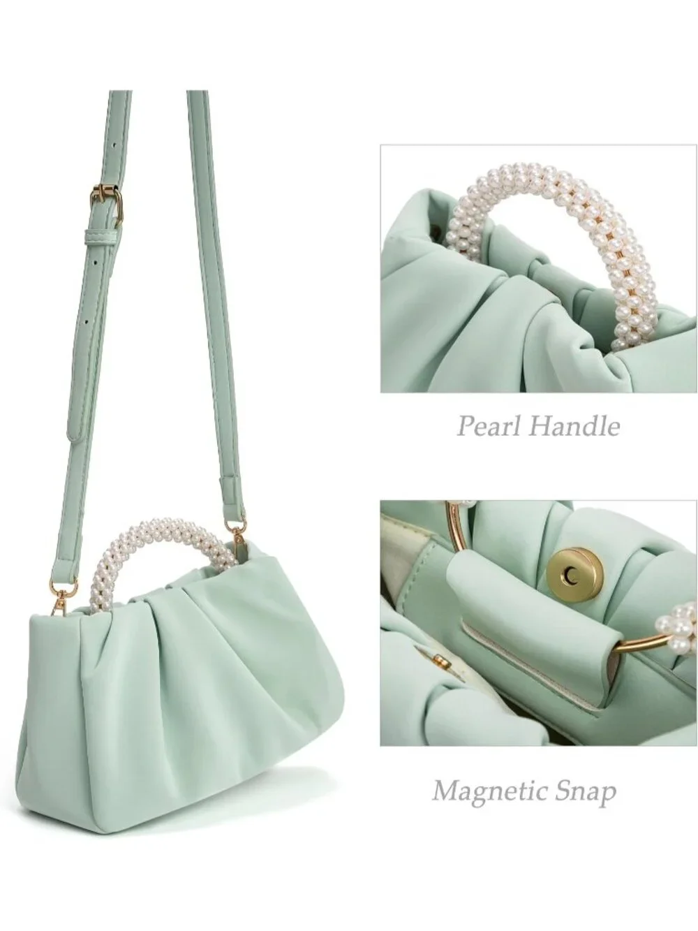 👜Women's Green Leather Wedding Party Pearl Elegant Clutch Purse Magnetic Snap